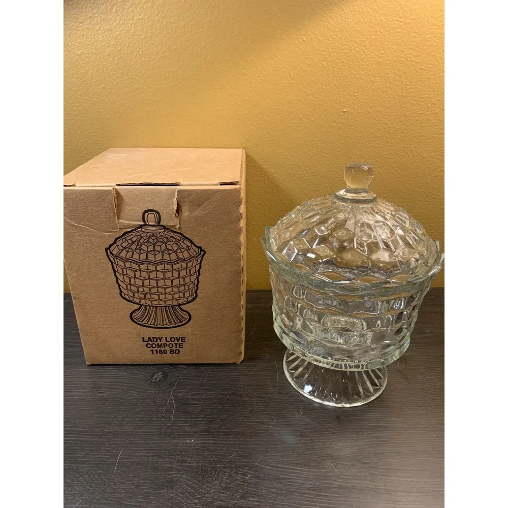 Vintage Homco Lady Love Compote Clear Glass Covered Candy‎ Dish 8